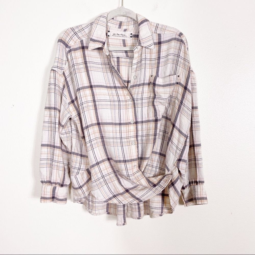 Free People White w/ Tan, Grey, & Pink Plaid Oversized Long Sleeve XS